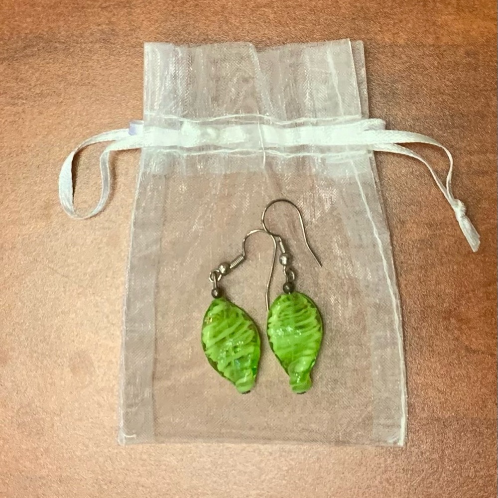 Green & Gold Murano Glass Earrings from Italy